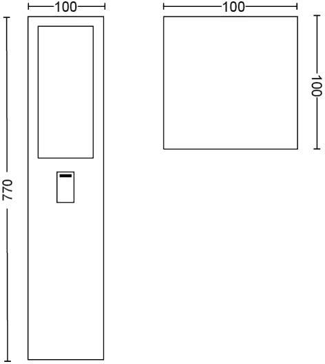 Dessin au trait d'un tuyau rectangulaire vertical, de 770 mm de hauteur et 100 mm de largeur. Vue de côté et vue de dessus avec dimensions.