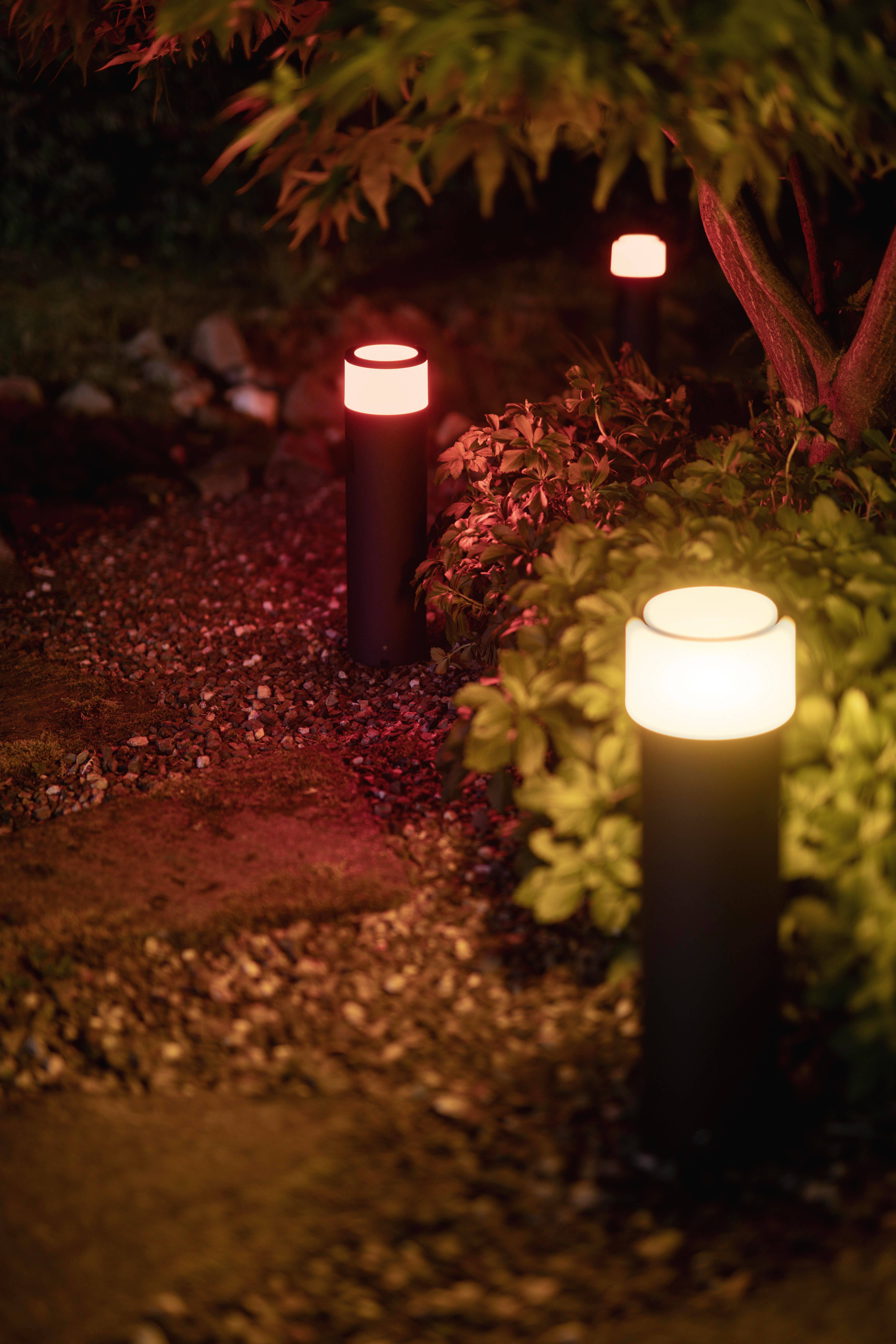 Trois lampes de jardin à lumière chaude illuminent un chemin de gravier bordé de plantes au crépuscule.