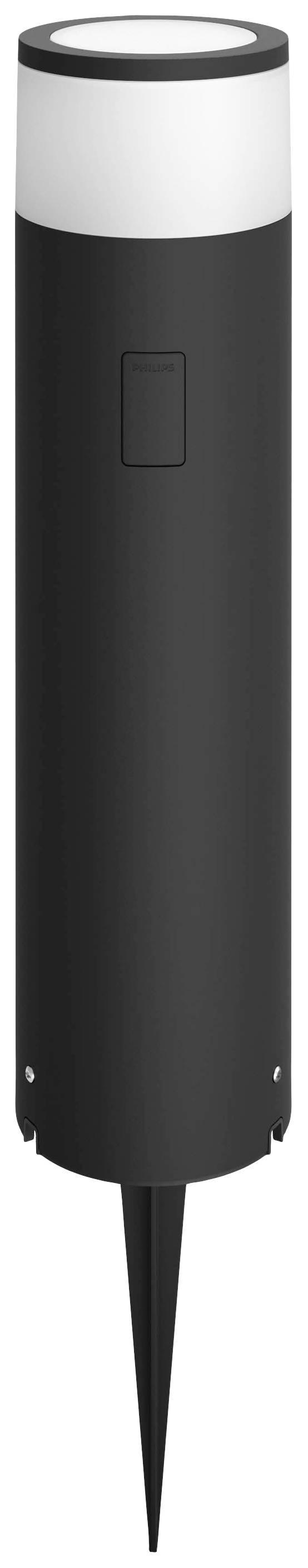 Un luminaire extérieur noir, cylindrique, avec piquet de terre et une sortie de lumière sur le dessus.