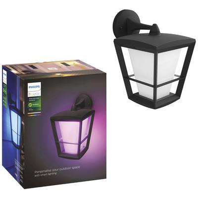 Lampe murale extérieure au design carré, avec un boîtier lumineux blanc et un cadre noir. L'emballage montre la lampe illuminée en couleur.
