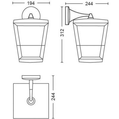 'Dessin technique d'un luminaire extérieur avec support mural.'