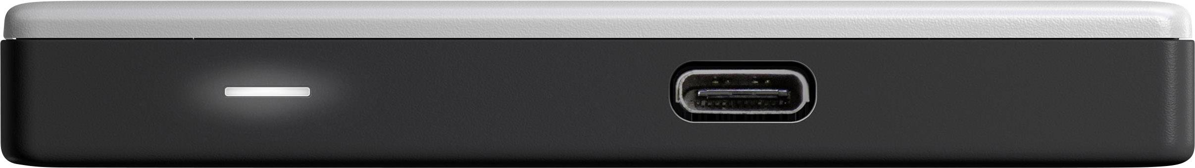 Disque dur externe avec connexion USB-C et indicateur LED lumineux, vue latérale.