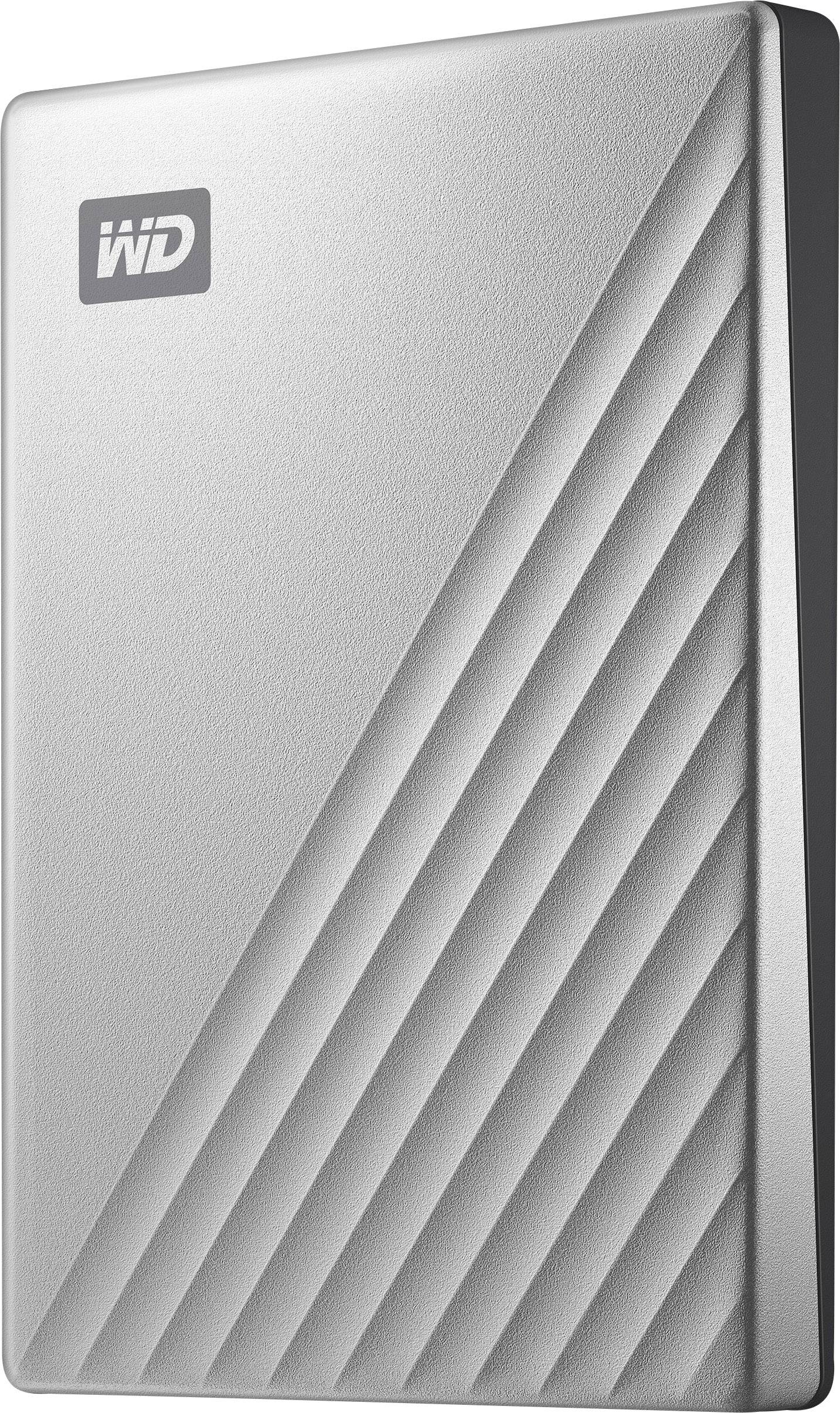 Disque dur externe portable dans un boîtier argenté d'une marque connue.