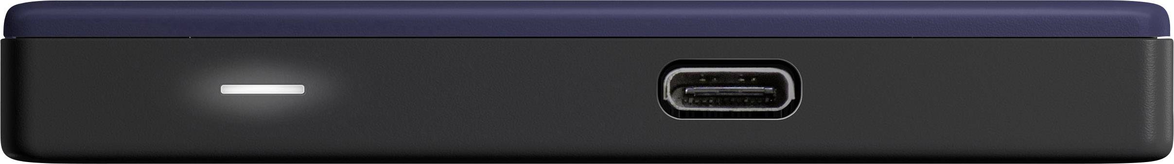 Disque dur externe avec port USB-C et voyant de fonctionnement sur le devant.