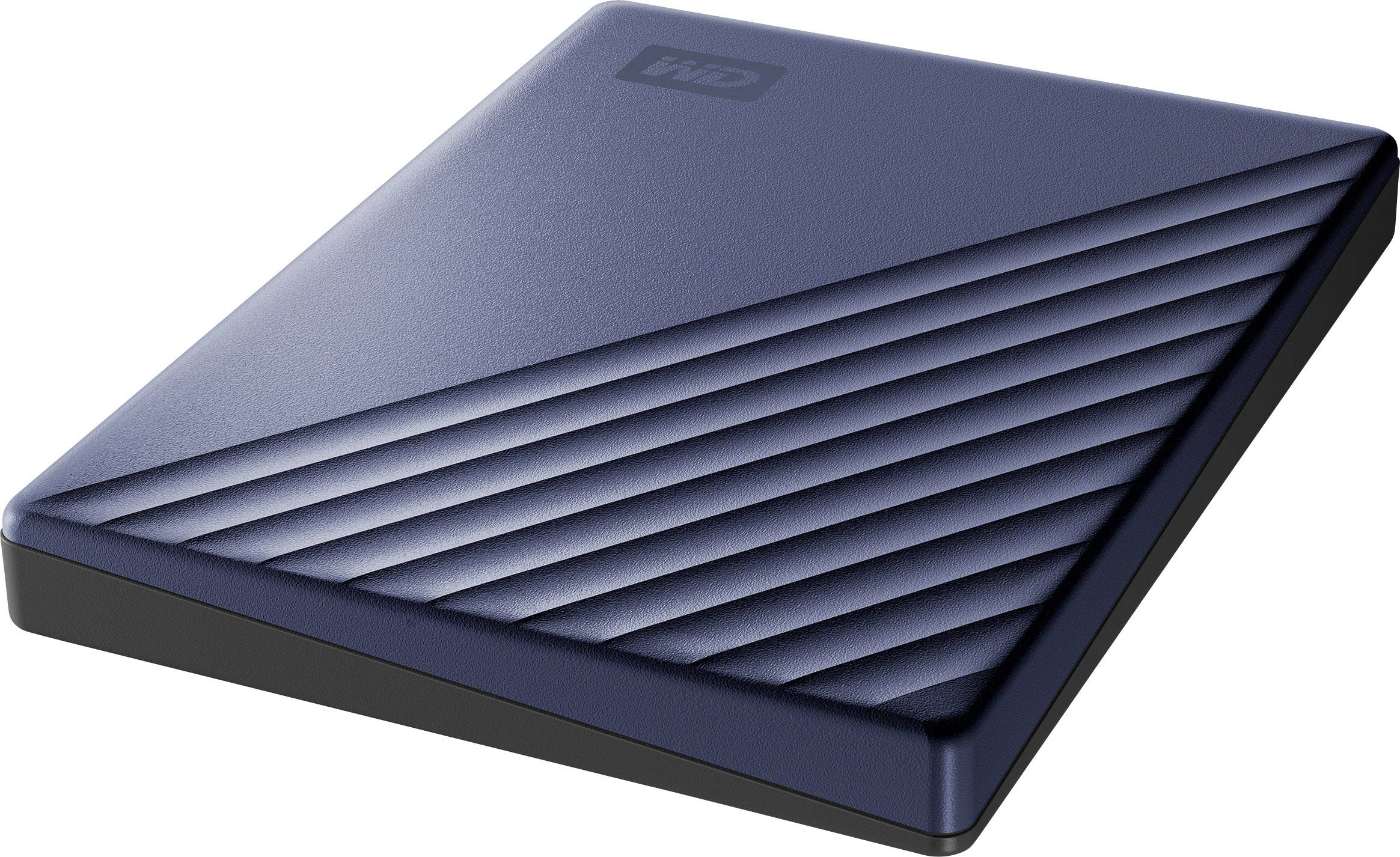 Disque dur externe en bleu foncé avec des rayures diagonales sur le dessus, marqué du logo 'WD' en haut.