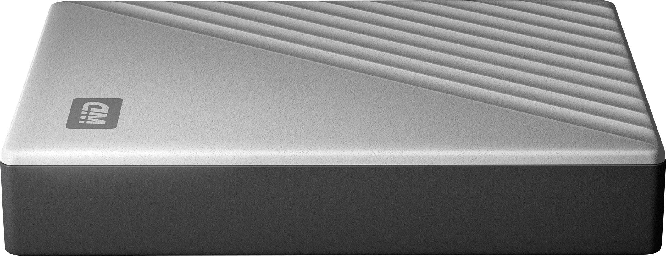 Disque dur externe avec boîtier gris et rainures diagonales sur la surface. Logo dans le coin supérieur gauche.