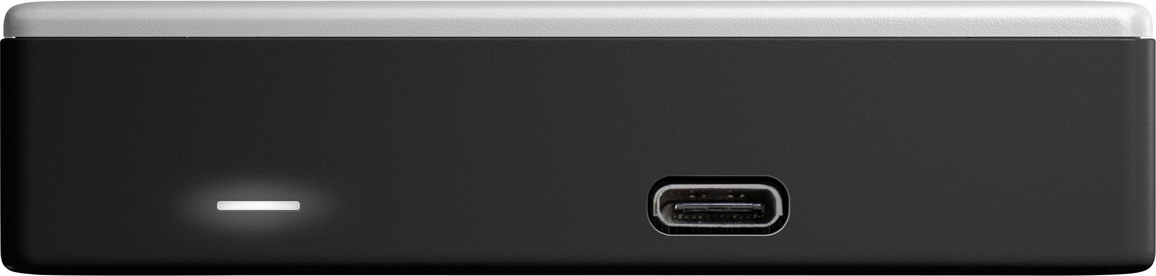 Disque dur portable noir avec port USB-C et voyant LED sur la face avant.