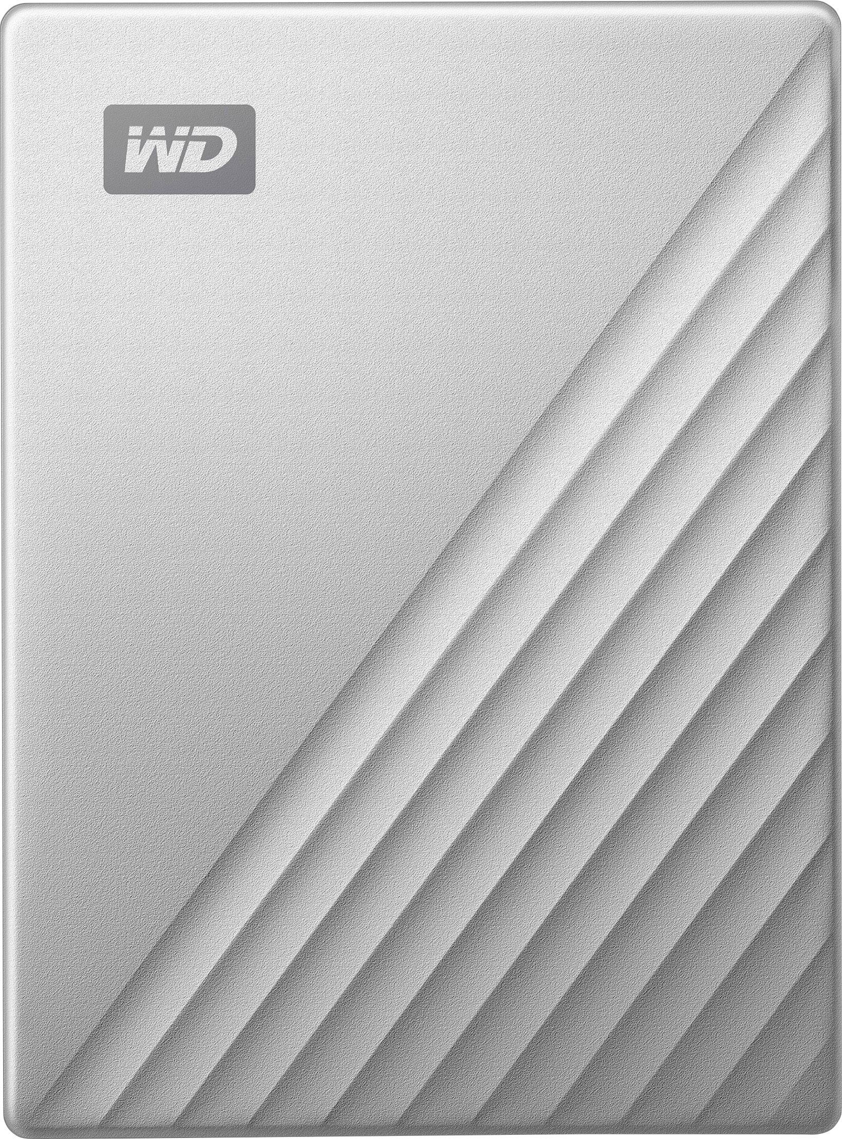 Disque dur externe avec boîtier argenté et lignes diagonales sur le côté droit. Le logo WD est visible en haut à gauche.