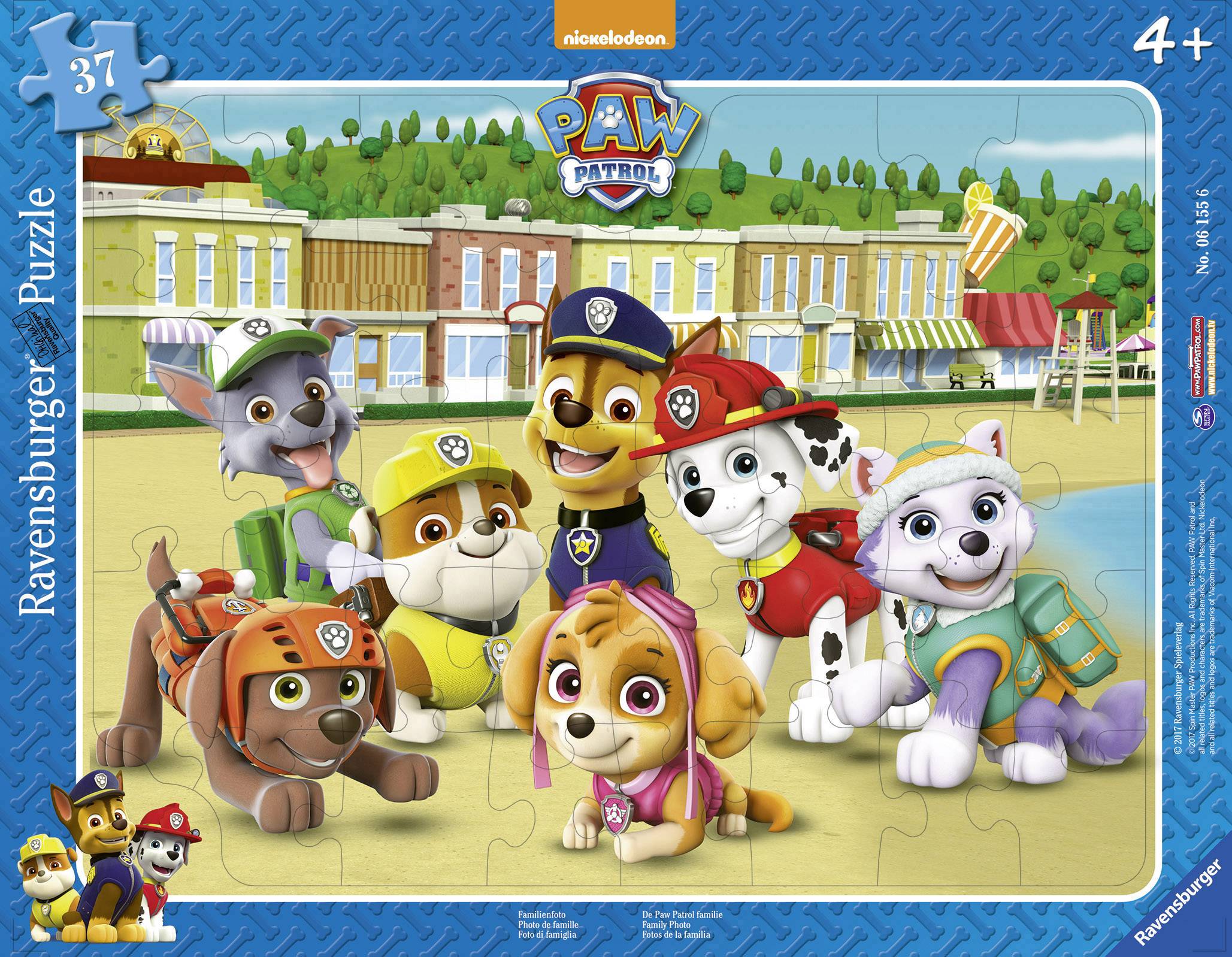 Un puzzle représentant les personnages d'une équipe de chiens issus d'une série télévisée pour enfants. Ils posent joyeusement devant un bâtiment avec un logo au-dessus.