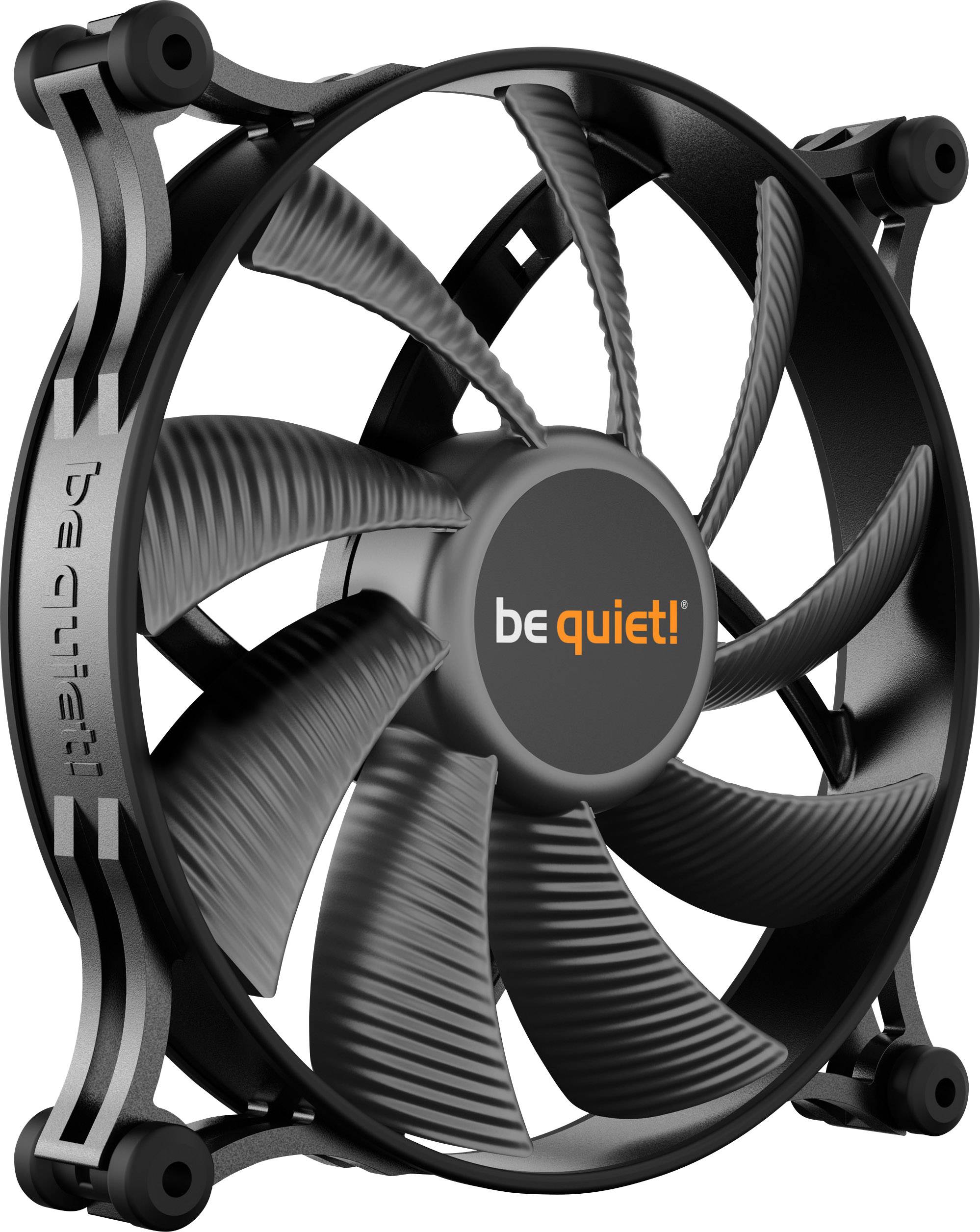 Ventilateur de 'be quiet!' avec neuf pales noires et le nom de la marque au centre. Adapté au refroidissement des composants informatiques.