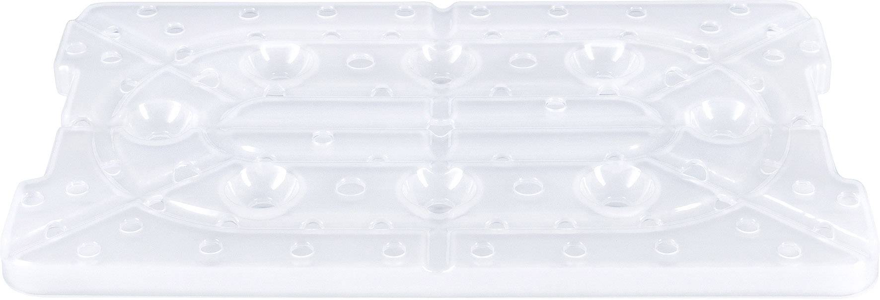 Couvercle en plastique transparent avec plusieurs dépressions circulaires et trous, probablement partie d'un ensemble plus grand destiné à des usages domestiques ou professionnels.