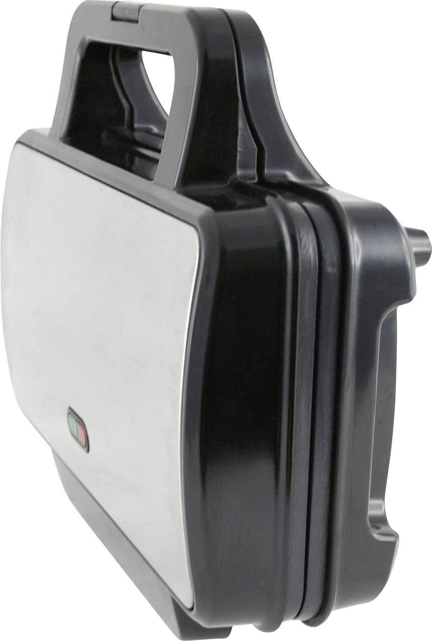 Un sandwich-maker vertical avec un boîtier en plastique noir et un panneau avant en acier inoxydable. Il est équipé d'une poignée et d'un voyant de mise en marche.