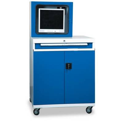 Armoire mobile bleue avec roulettes, un compartiment supérieur pour un écran et deux portes verrouillables en bas. Idéal pour le rangement.