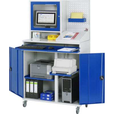 Armoire de rangement bleue sur roulettes avec ordinateur, écran, imprimante et matériel de bureau rangés dans des compartiments et des tiroirs. Idéal pour l'organisation du bureau.