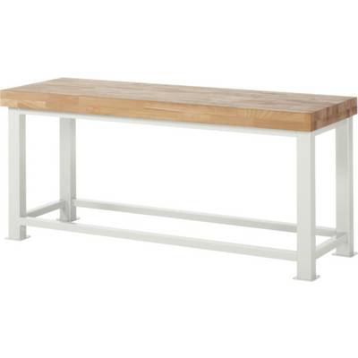 Un établi rectangulaire avec un plateau en bois et un cadre métallique blanc. Idéal pour les travaux manuels dans l'atelier.