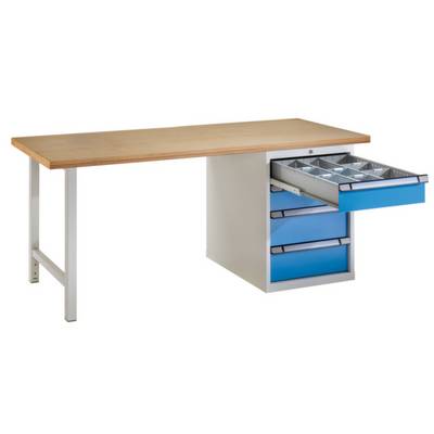 Une table de travail avec un plateau en bois et un caisson à tiroirs en dessous. Un tiroir est ouvert, révélant des compartiments de rangement.