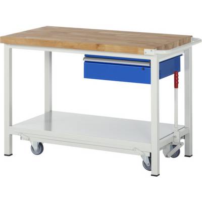Établi avec plateau en bois, tiroir bleu et étagère inférieure de rangement. L'établi est monté sur roulettes pour une mobilité facile.