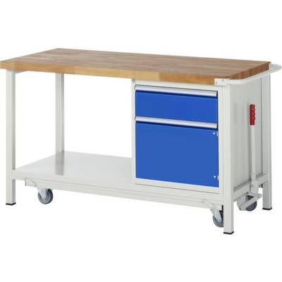 Établi avec plateau en bois, structure en métal ; à gauche un compartiment ouvert, à droite deux tiroirs bleus. Quatre roulettes pour la mobilité.