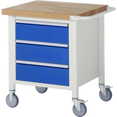 Chariot à roulettes avec trois tiroirs bleus et surface en bois, monté sur quatre roues. Pratique pour le rangement et le transport des outils.