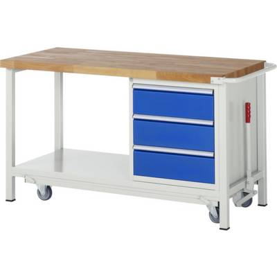 Un établi avec un plateau de travail en bois, un bloc de tiroirs bleu et des roulettes pour la mobilité. Idéal pour les environnements d'atelier.