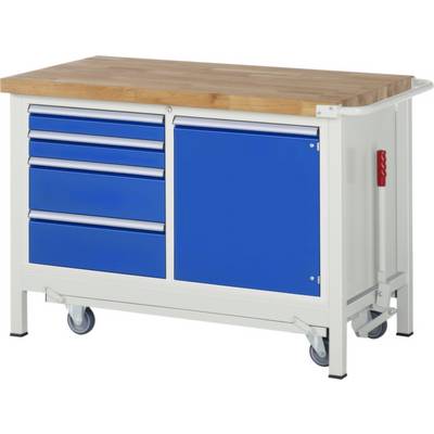 Établi avec plateau en bois, cinq tiroirs bleus et un placard bleu. Il est monté sur roulettes et convient parfaitement à une utilisation en atelier.