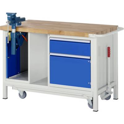 Établi avec plateau en bois, tiroirs bleus et roulettes. Un étau est situé à gauche. Convient aux travaux d'atelier.