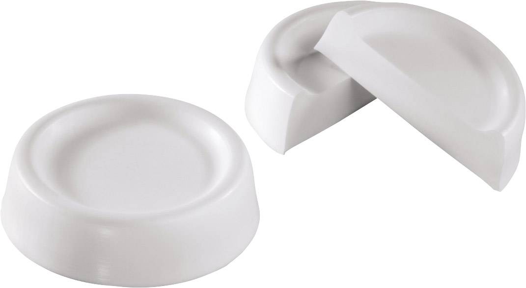 Deux dessous de meuble blancs, ronds et en plastique, l'un avec un coin intégré pour compenser la hauteur. Adaptés pour une stabilisation antidérapante.