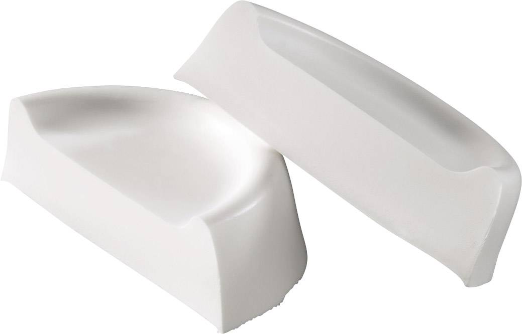 Deux gommes blanches, l'une posée à plat, l'autre debout. Elles sont courbées et ont une forme triangulaire.