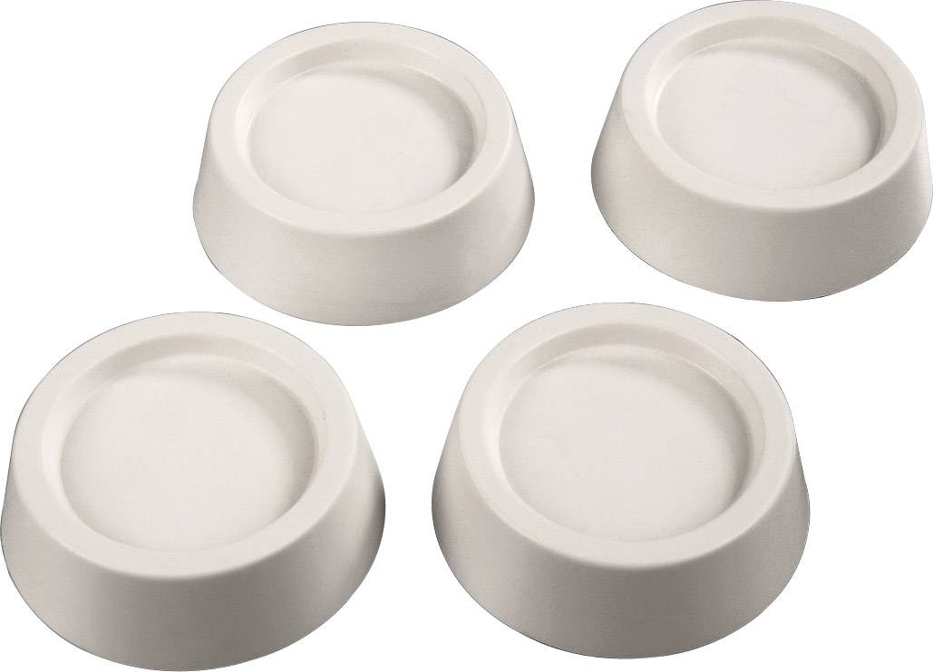 Quatre dessous de meubles blancs, ronds et en plastique, disposés en un arrangement de 2x2. Ils sont lisses et semblent solides.