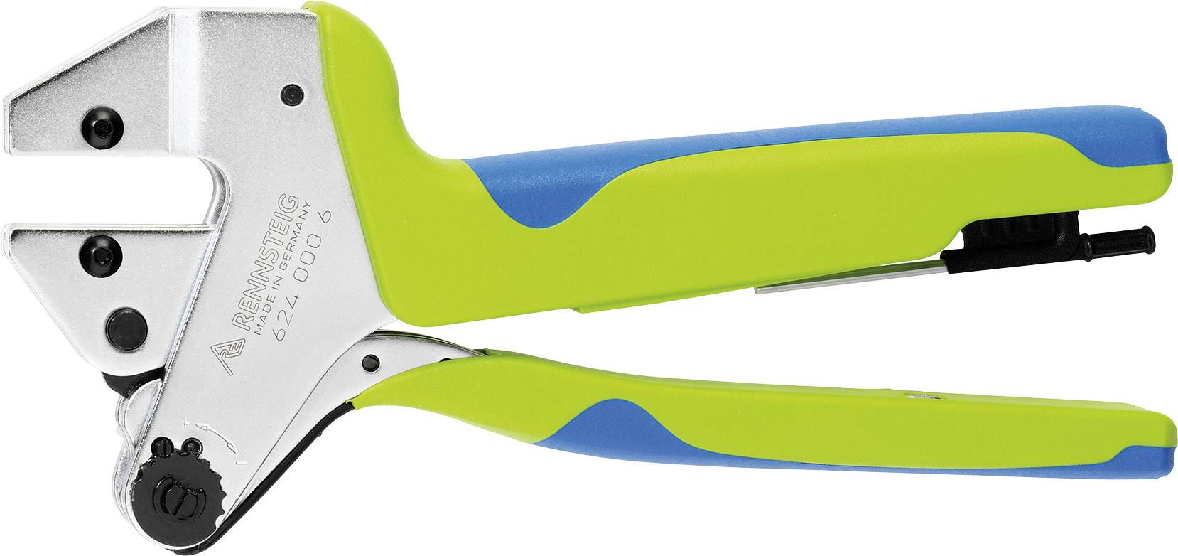 Une pince à river manuelle de couleur vert-bleu avec des mâchoires métalliques, adaptée pour la pose de rivets sur des pièces de travail.