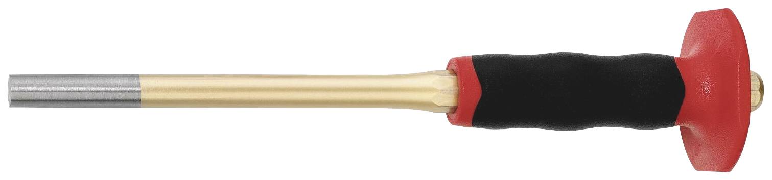 Un ciseau court avec un manche noir et une protection rouge. Le ciseau possède une lame pointue en métal pour le travail du bois ou de la pierre.