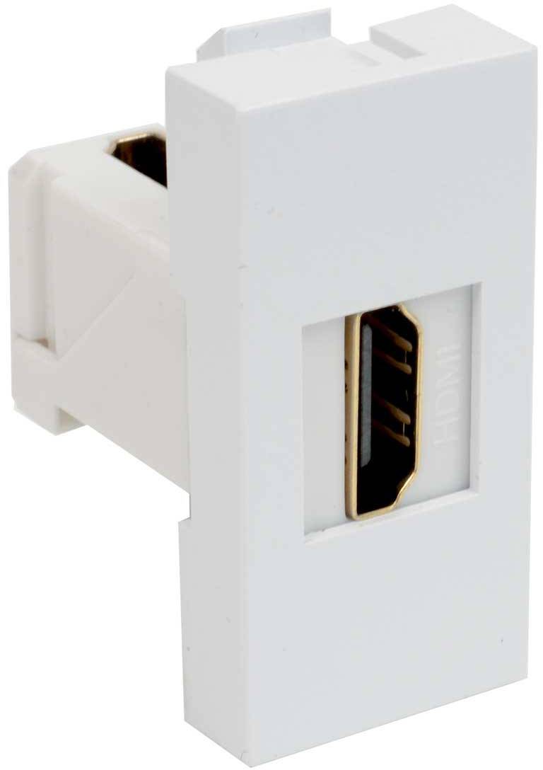 Prise HDMI blanche au format rectangulaire de prise murale, adaptée au montage dans une plaque murale, destinée à la connexion de câbles HDMI.