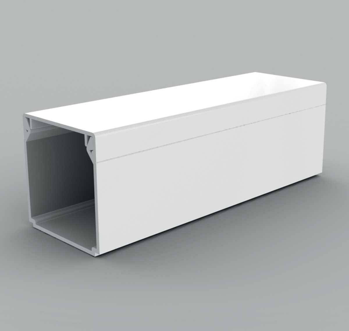 Profilé en plastique blanc, rectangulaire, creux, avec côté ouvert à l'avant. Utilisé pour le guidage et la protection des câbles ou comme système de canalisation.