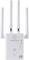 Un répéteur Wi-Fi blanc avec quatre antennes et des voyants LED pour la connexion Wi-Fi, WPS, WAN/LAN et l'alimentation. Marque 'renkforce'.