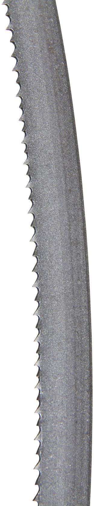 Gros plan sur une lame de scie à ruban avec des dents dentelées, adaptées pour une coupe précise.