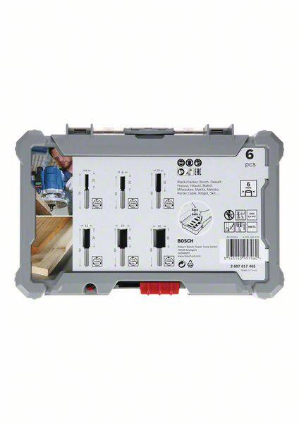 Coffret de forets Bosch comprenant six mèches différentes pour les travaux sur bois. L'emballage présente les détails et les instructions d'utilisation.