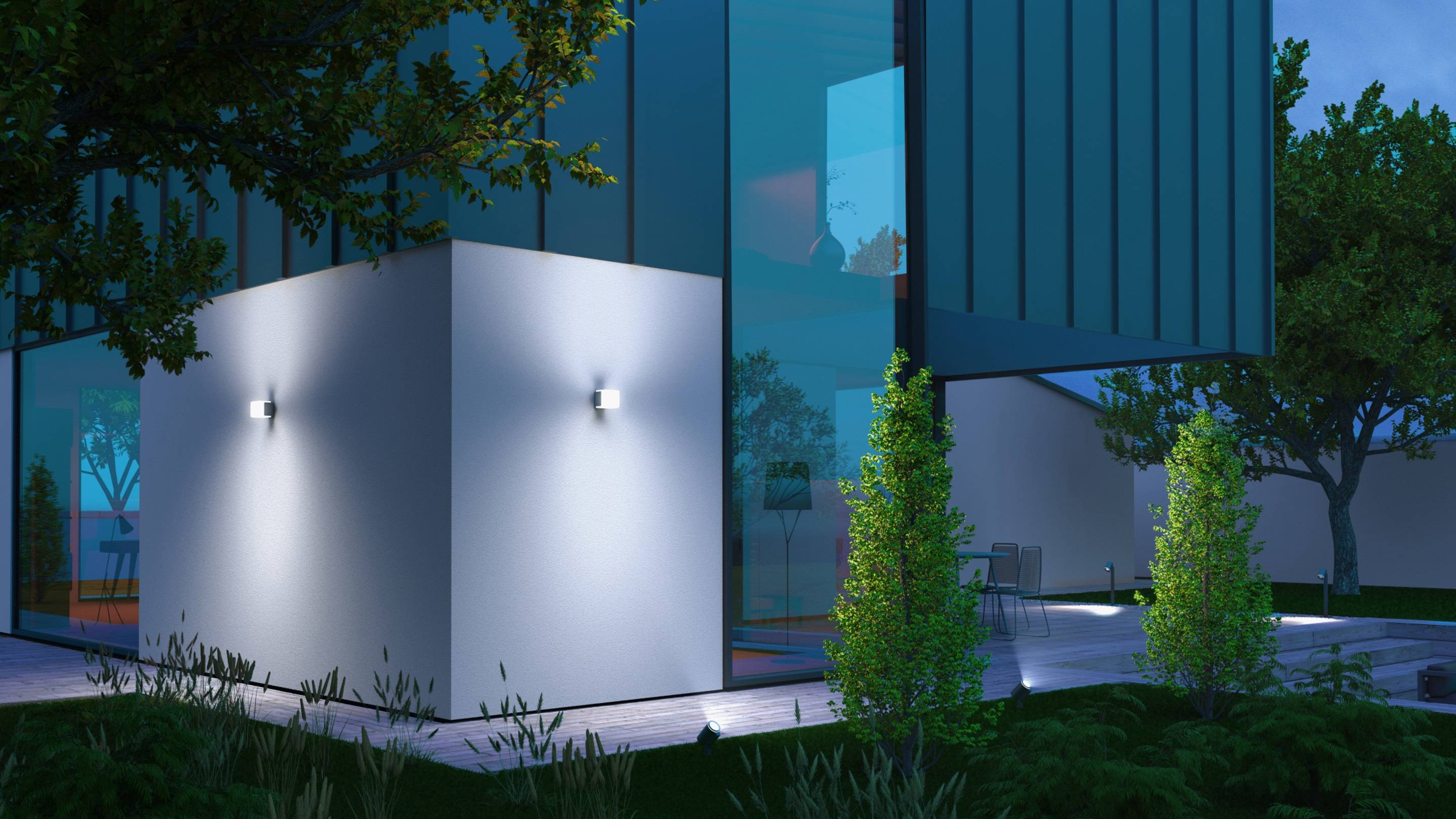 Bâtiment moderne, illuminé la nuit avec des murs de verre et des arbres et des plantes environnants ; scène paisible et atmosphérique.