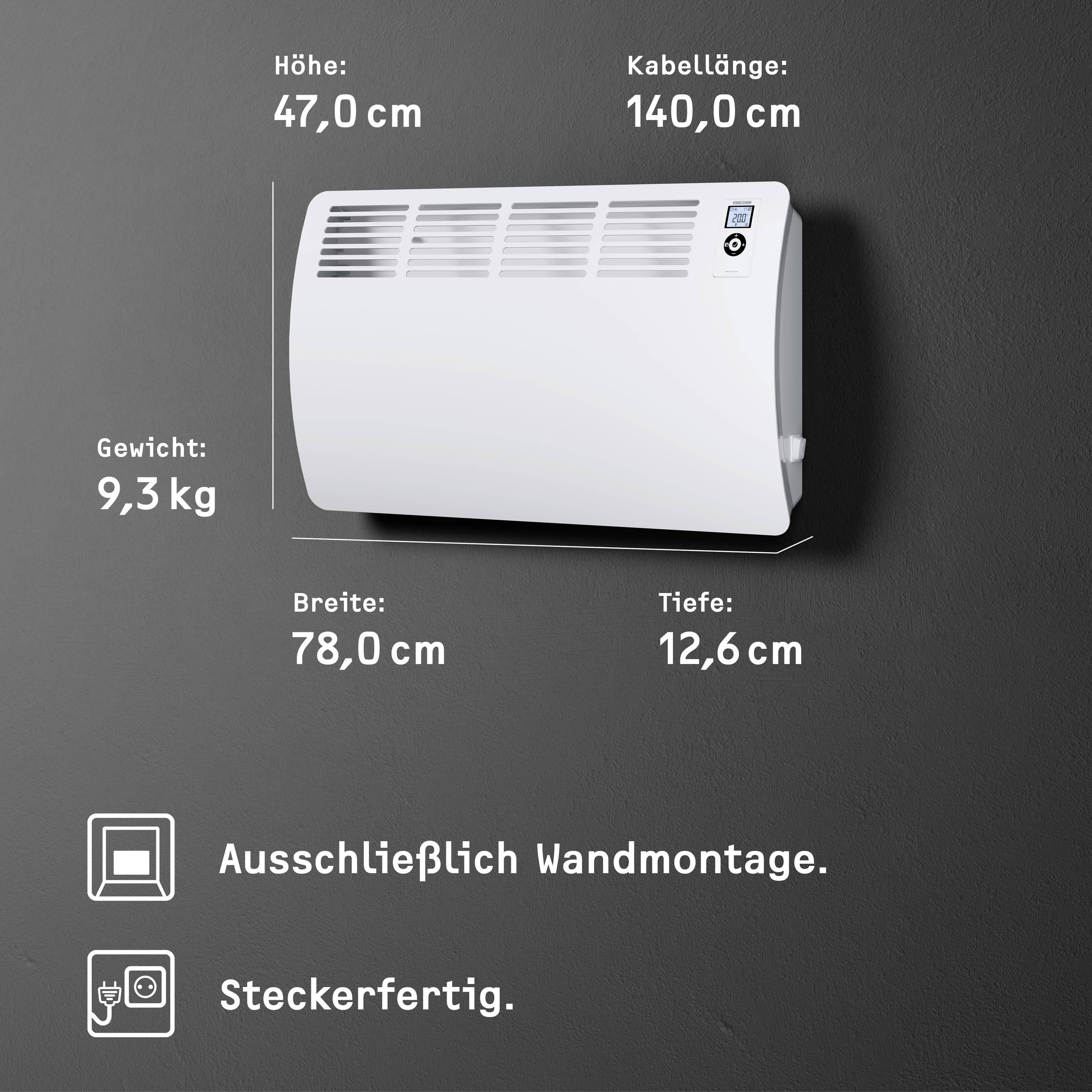 Radiateur électrique mural avec affichage LED. Dimensions : hauteur 47 cm, largeur 78 cm, profondeur 12,6 cm. Poids : 9,3 kg. Longueur du câble : 140 cm. Montage mural uniquement. Prêt à l'emploi.