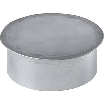 Un couvercle métallique rond et plat en argent, posé sur un fond blanc.