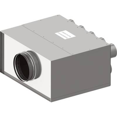 Boîte de ventilation rectangulaire en métal avec plusieurs ouvertures de raccordement sur les côtés.