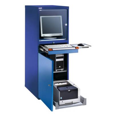 Armoire métallique bleue avec compartiments ouverts, contenant un moniteur, un clavier, un ordinateur et une imprimante. Armoire conçue pour le stockage sécurisé de l'équipement informatique.