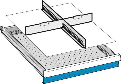 Rail de séparation transversale pour diviser un tiroir plat, représenté avec deux grandes plaques de séparation blanches dans une grille.