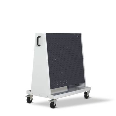 Chariot à outils mobile avec panneau perforé, face avant noire, quatre roulettes et une poignée sur le côté pour un déplacement facile.