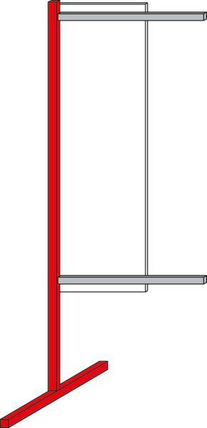 Un schéma représentant un support vertical avec des étagères horizontales grises sur un cadre rouge.