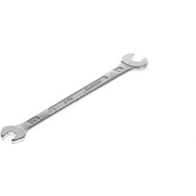 Une clé à fourche en argent avec deux extrémités différentes, pouvant être utilisées pour différentes tailles de vis.