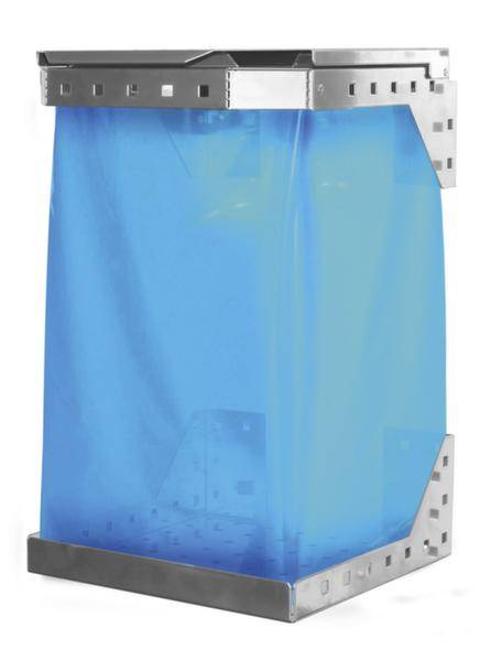 Un sac en plastique bleu dans un cadre métallique. Le cadre présente des trous sur les côtés, qui pourraient servir à la ventilation.
