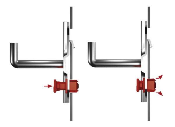 Deux poignées de porte avec des boutons rouges pour le verrouillage. À gauche non verrouillé, à droite verrouillé ; bouton rouge enfoncé vers l'intérieur.