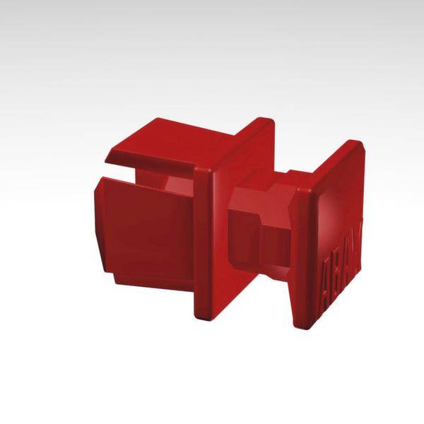 Connecteur rouge avec base carrée et encoches latérales, sur un fond blanc.