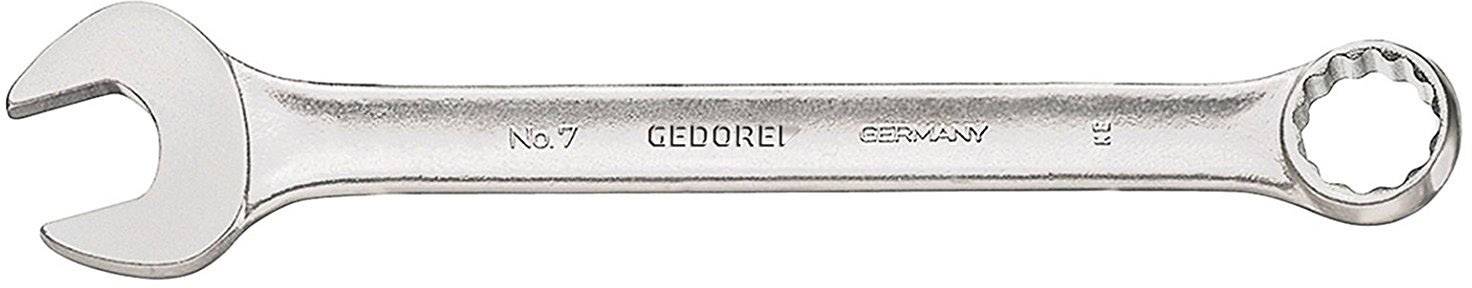 Une clé à molette en argent avec un côté ouvert et un côté anneau, portant l'inscription « GEDORE No. 7 GERMANY ».