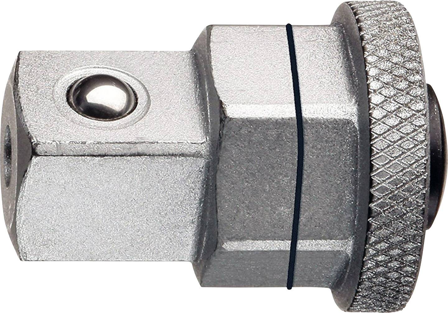 Adaptateur métallique de forme cylindrique avec bord strié et trou fileté. Utilisé dans des applications mécaniques ou techniques.